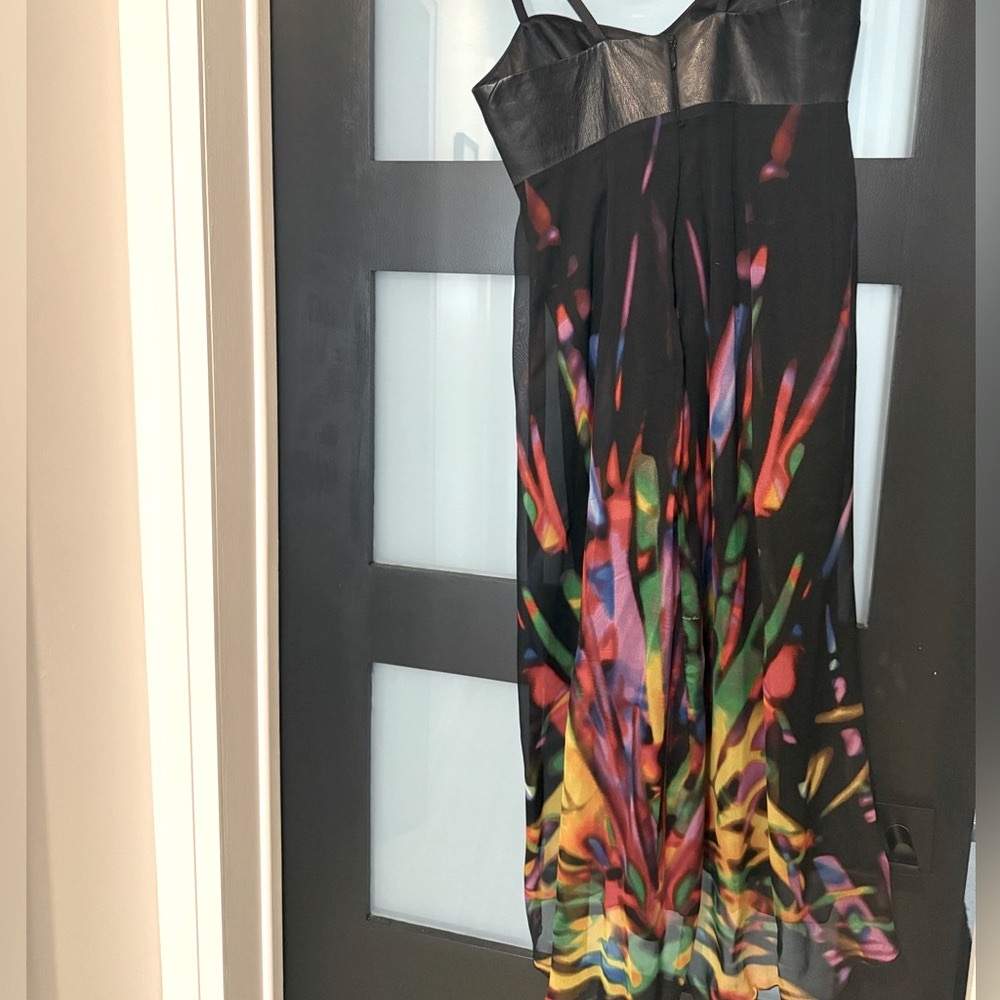 Danier Genuine Leather and Silk Black and Multicolor Spaghetti Strap Dress